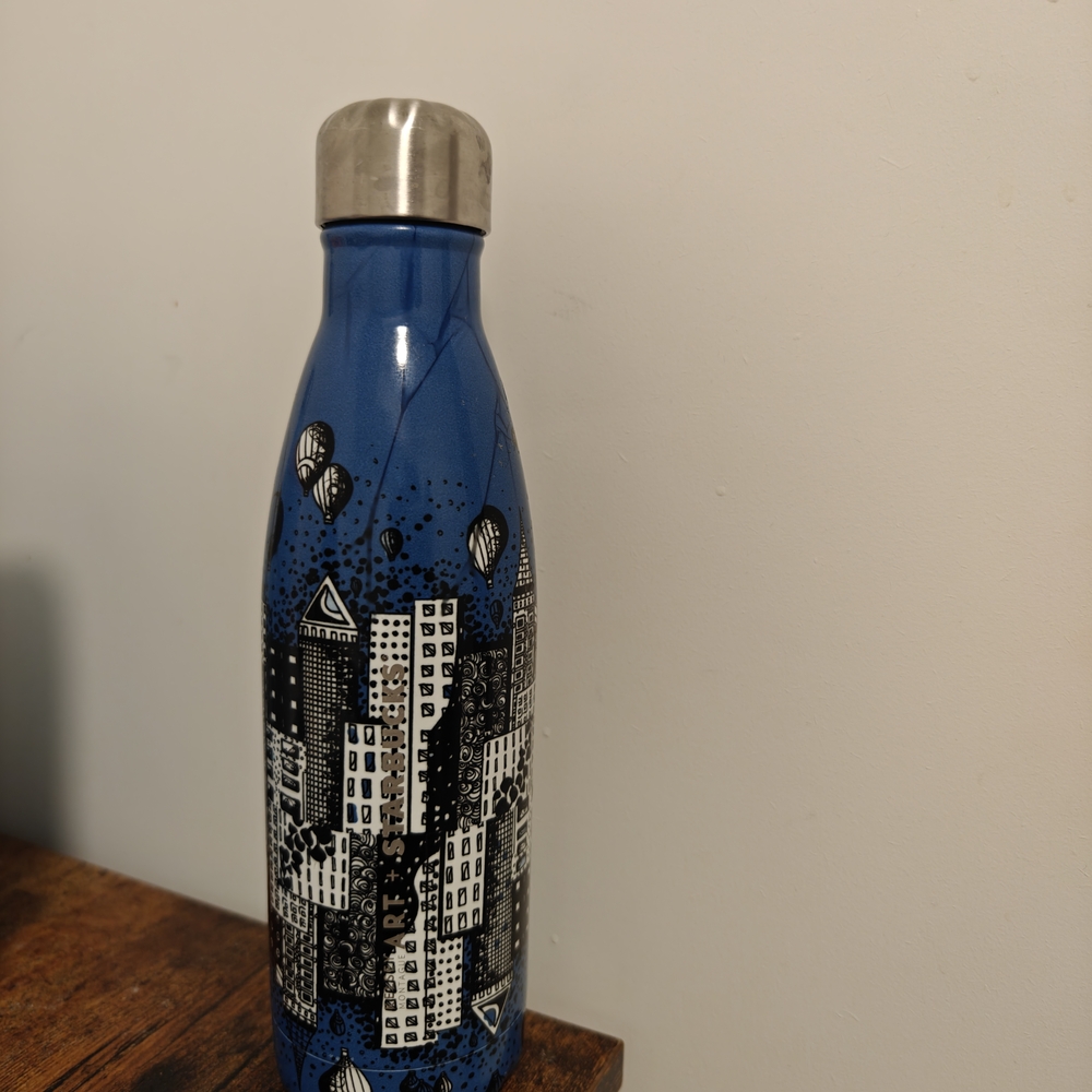Blue Stainless Steel Water Bottle with Cityscape Design